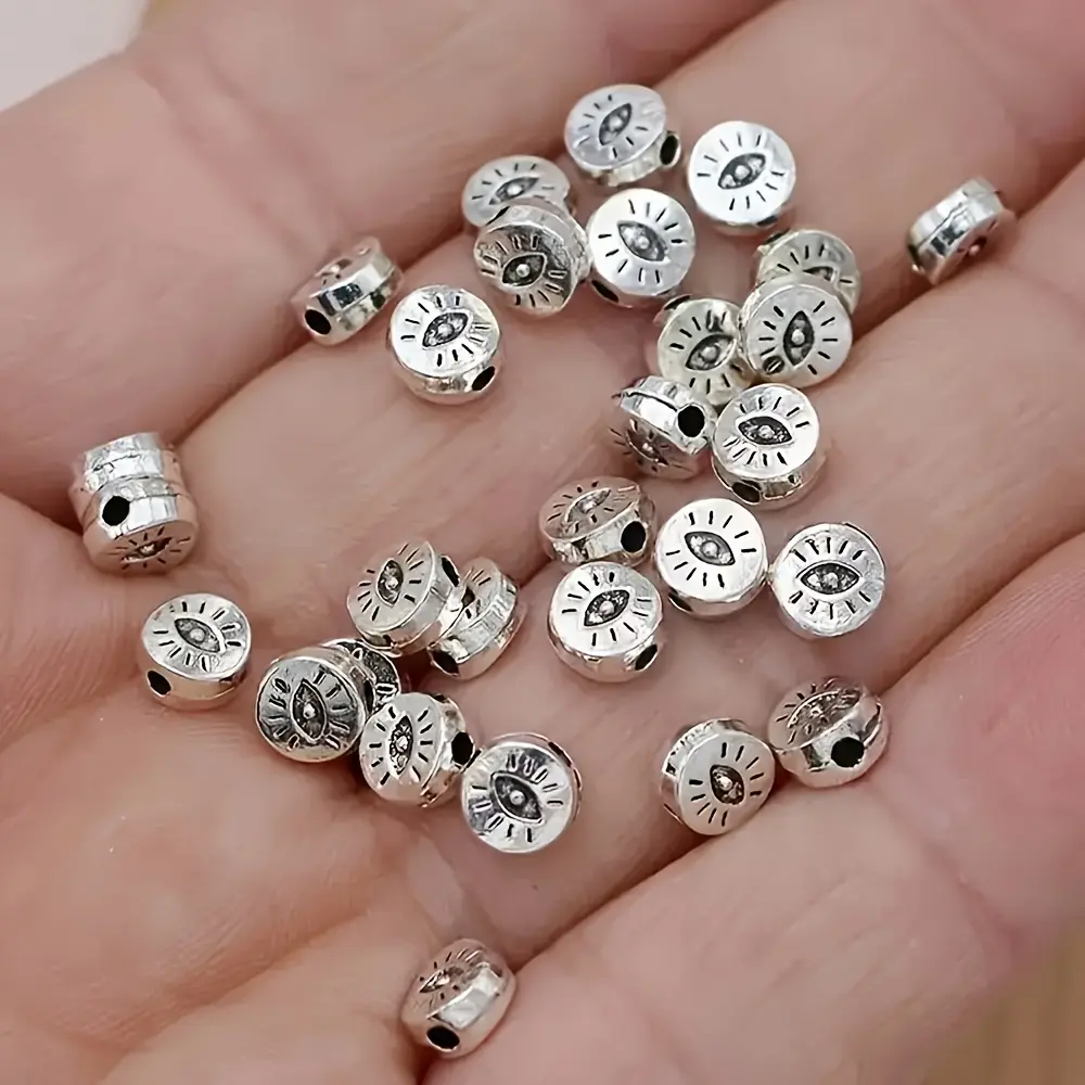 [70pcs Zinc Alloy Beads] 60/65/70pcs Retro Silvery Zinc Alloy Eye Shaped Beads | DIY Jewelry Making Bracelet Necklace Accessories Handmade Craft Supplies