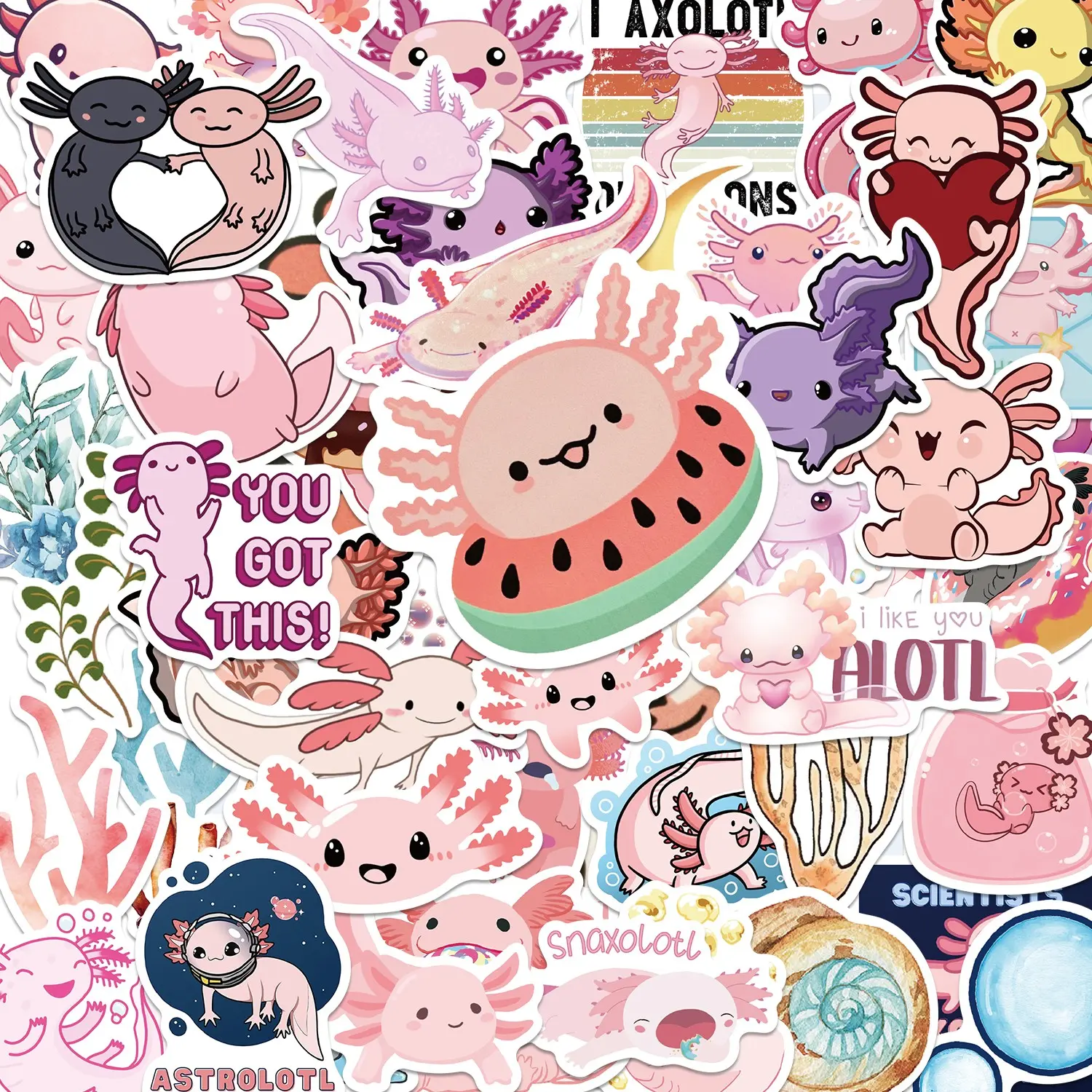 50pcs Cute Axolotl Kawaii Stickers Pack, Sticker Packs, Funny Stickers, Cute Animal Stickers, Aesthetic Stickers, Cute Scrapbooking, Waterproof Pastel Cartoon & Pun Decals for Laptop, Water Bottle, Journal & Scrapbook, Kids Gift, Crafts, Sticker Haul