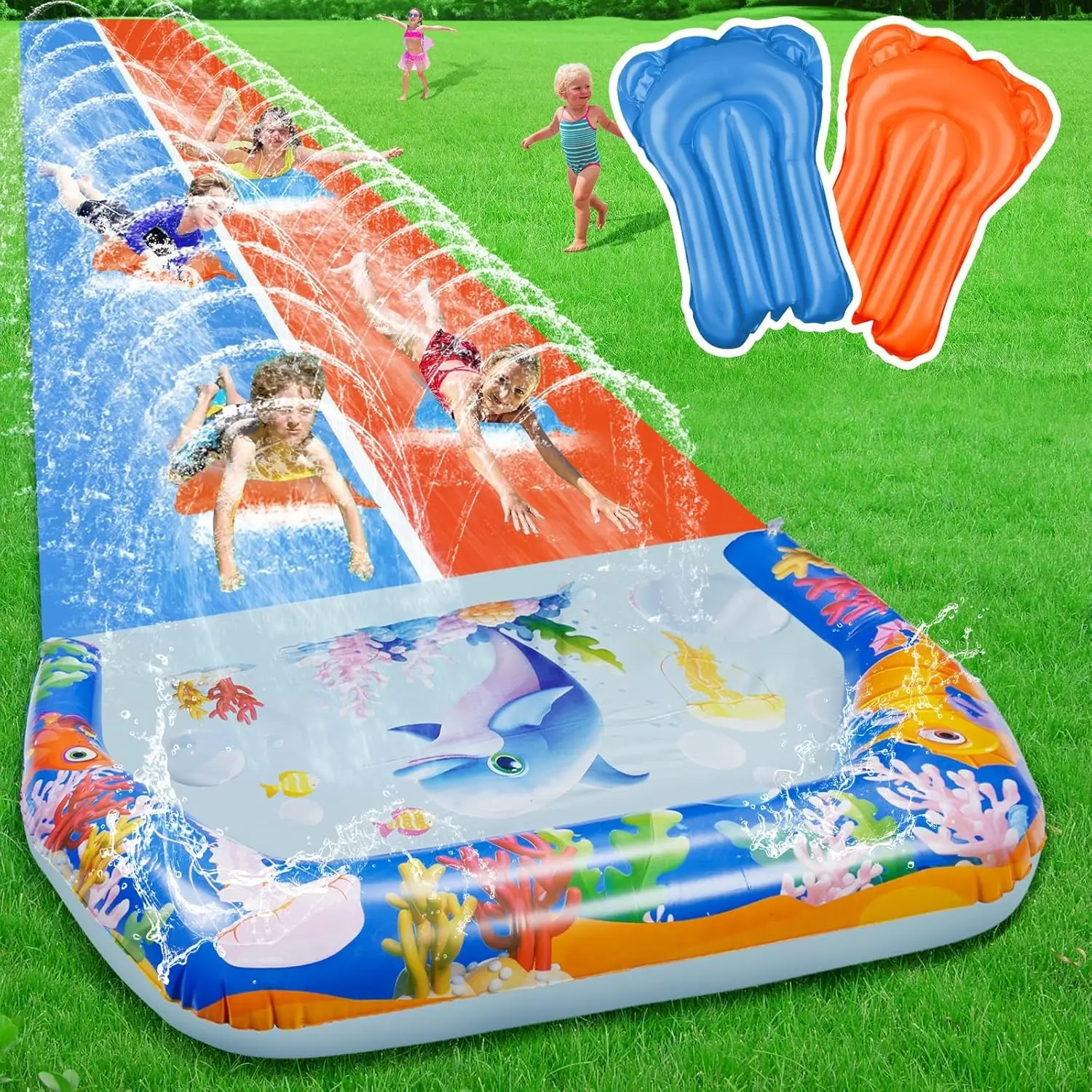 40FT Extra Long Double Slip and Water Slides for Kids Adults, Heavy Duty Giant Inflatable Water Slide with 2 Bodyboards & Crash Pad for Backyard Lawn Summer Outdoor Party