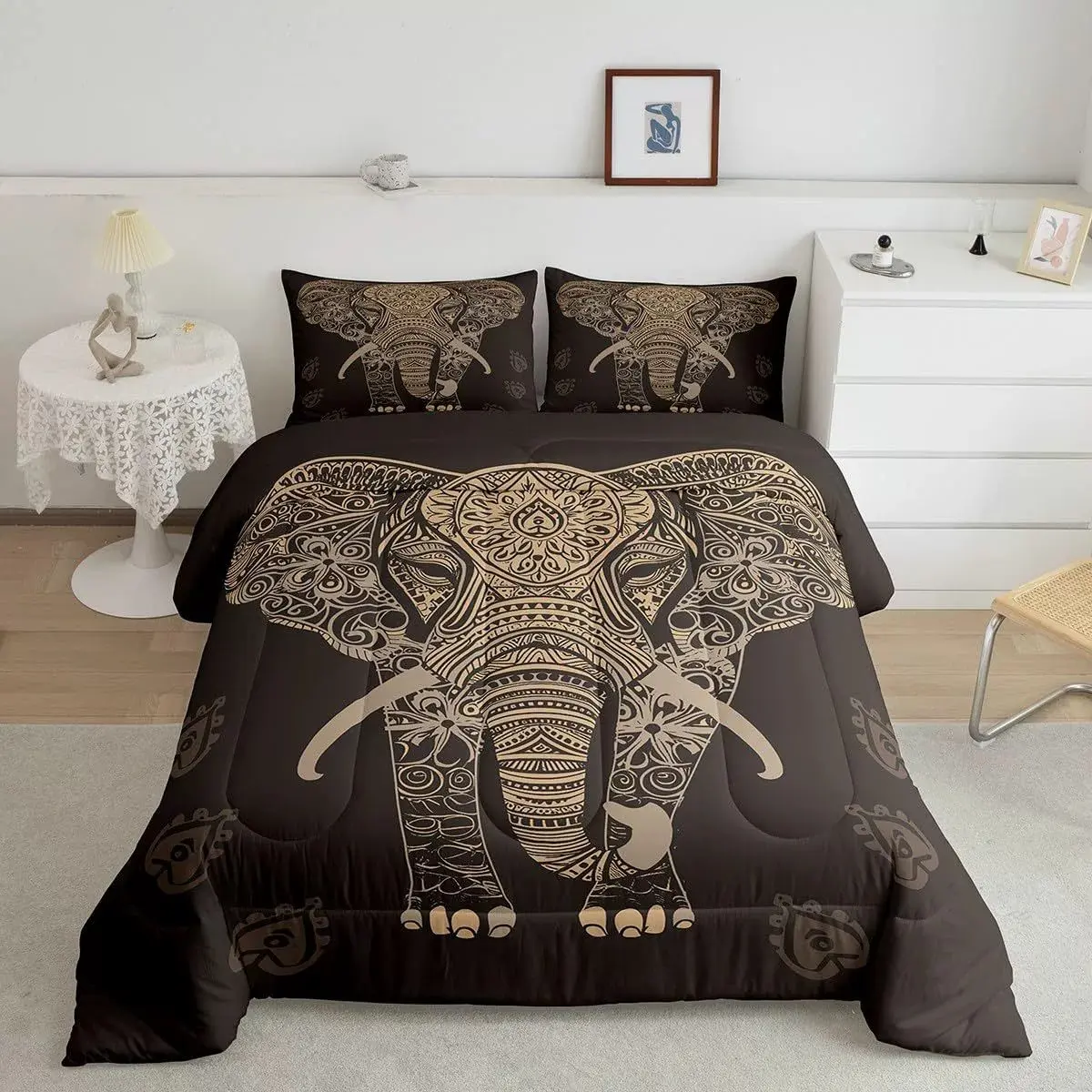 Gold Elephant Quilt Set, Vintage Print, Fine Stitching, Bedroom Decor, 1 Quilt 2 Pillowcases, Ethnic Style Bedding