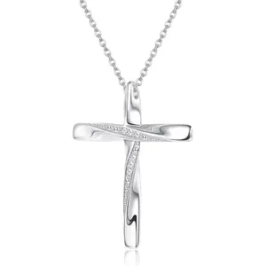 FINREZIO 1 Pc Silvery Trendy Sparkle Cross Necklace for Men Women Shining CZ Inlaid Twisted Cross Pendant 925 Sterling Silver Necklace Hypoallergenic Religious Christian Jewelry Dainty Faith Necklace for Baptism Anniversary Gift Giving