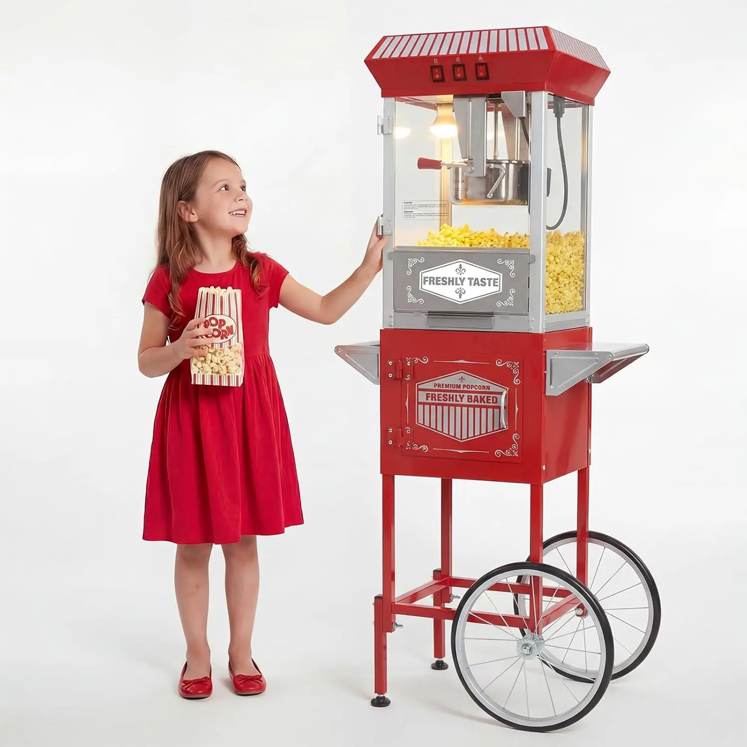 12oz Red & White Stainless Steel Antique Look Popcorn Machine with Cart Shape - 850W, Silent Operation, Warming Deck, Bicycle-Style Wheels, Household Specialty Kitchen Appliance for Watch Parties, Watch Party