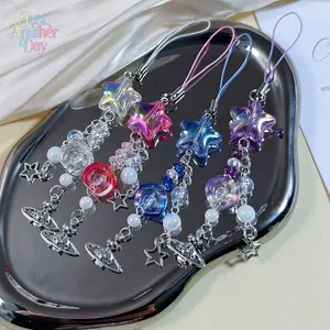 4PCS Holographic Star Phone Charm Set, Sweet Cool Y2K Style Beaded Phone Strap with Planet Pendant, Cute Handbag & Keychain Accessories for Girls