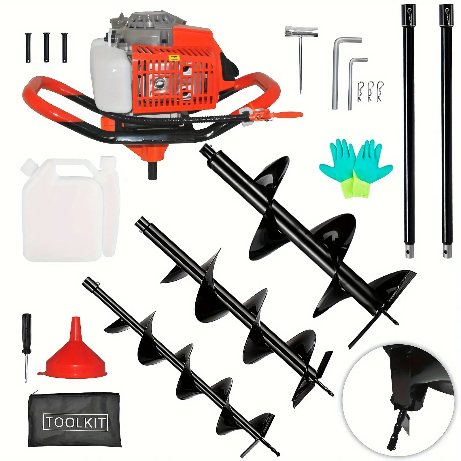 72cc Earth Auger Earth Digger, Auger Post Hole Digger With 2 Extension Rods + 3 Auger DrillBits (4"/8"/12") For Fence, Farmland And Garden