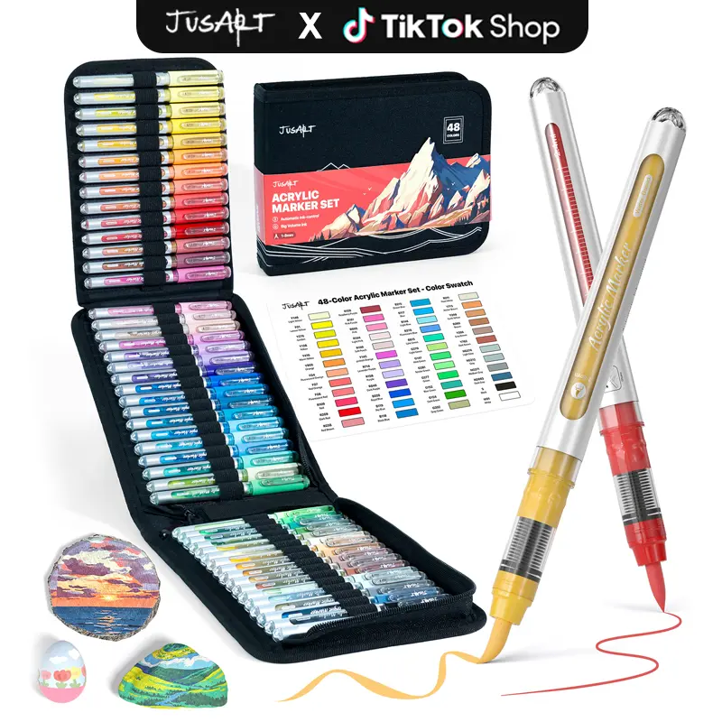 【Back to school shopping】JusArt 48 Colors Acrylic Paint Markers Set (Painting Bag), Waterproof Flexible Tip Acrylic Markers, Premium Paint Pens for Various Surfaces, Acrylic Paint Markers, Markers for Coloring, Art Supplies, Acrylic Marker