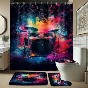 1/4 Piece Drum Set Graffiti Pattern Includes Shower Curtain and Rug, Bathroom or Shower Decor, Hooks Included, Non-Slip Bath Mat, U-Shaped Toilet Lid Pad, Bathroom Shower Equipment