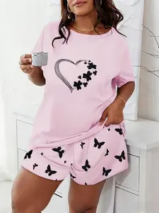 Plus Size Casual Pajama Set, Women's Butterfly Clover Heart Print Short Sleeve Round Neck T-Shirt and Shorts, Two-Piece Home Wear