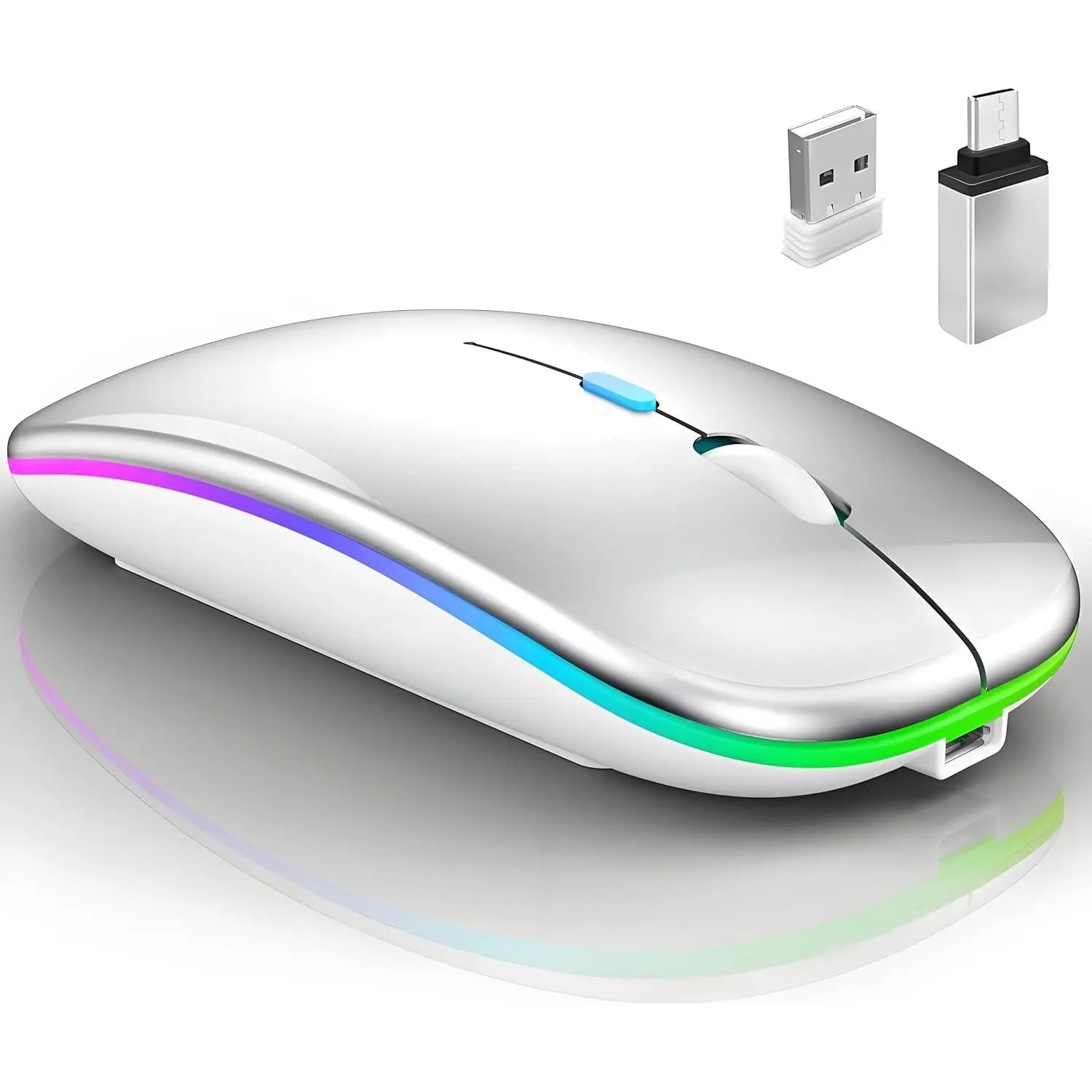 L-HUP013  Wireless Bluetooth Mouse for MacBook Air/Mac/Pro/Laptop/Computer/PC,Rechargeable Dual Mode Switch Mouse Bluetooth 5.2/3.0 and 2.4GHz USB Receiver (Silver)