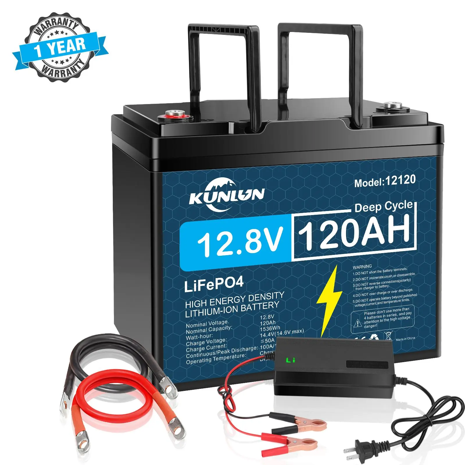 KUNLUN 12V 120Ah LiFePO4 Extended Capacity Lithium Battery - 12.8V 1536Wh, Built-in 100A Smart BMS Protection, 5000+ Deep Cycles, Long Lasting Replacement Battery for Off-Grid Solar, Camping, RVs, Extended Capacity Battery