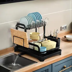 2-Tier Rustproof Steel Dish Drying Rack for Kitchen Counter, Adjustable Space-Saving Organizer Set with Drainboard, Detachable Drainer, Utensil Holder & Easy Installation (Bowl Compatible)