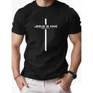 Men'S Is The King T-Shirt - A Casual Short-Sleeve Crew Neck Summer Tee Featuring Striking Lettering And a Cross Motif, Designed for And Breathability, Perfect for Casual Outings During Easter, Halloween, Thanksgiving, And Various Other Events