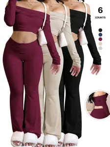 Women's Two-Piece Set, Off-The-Shoulder Long Sleeve Crop Top & Pants, Solid Color, Casual Wear, Stylish Women's Clothing