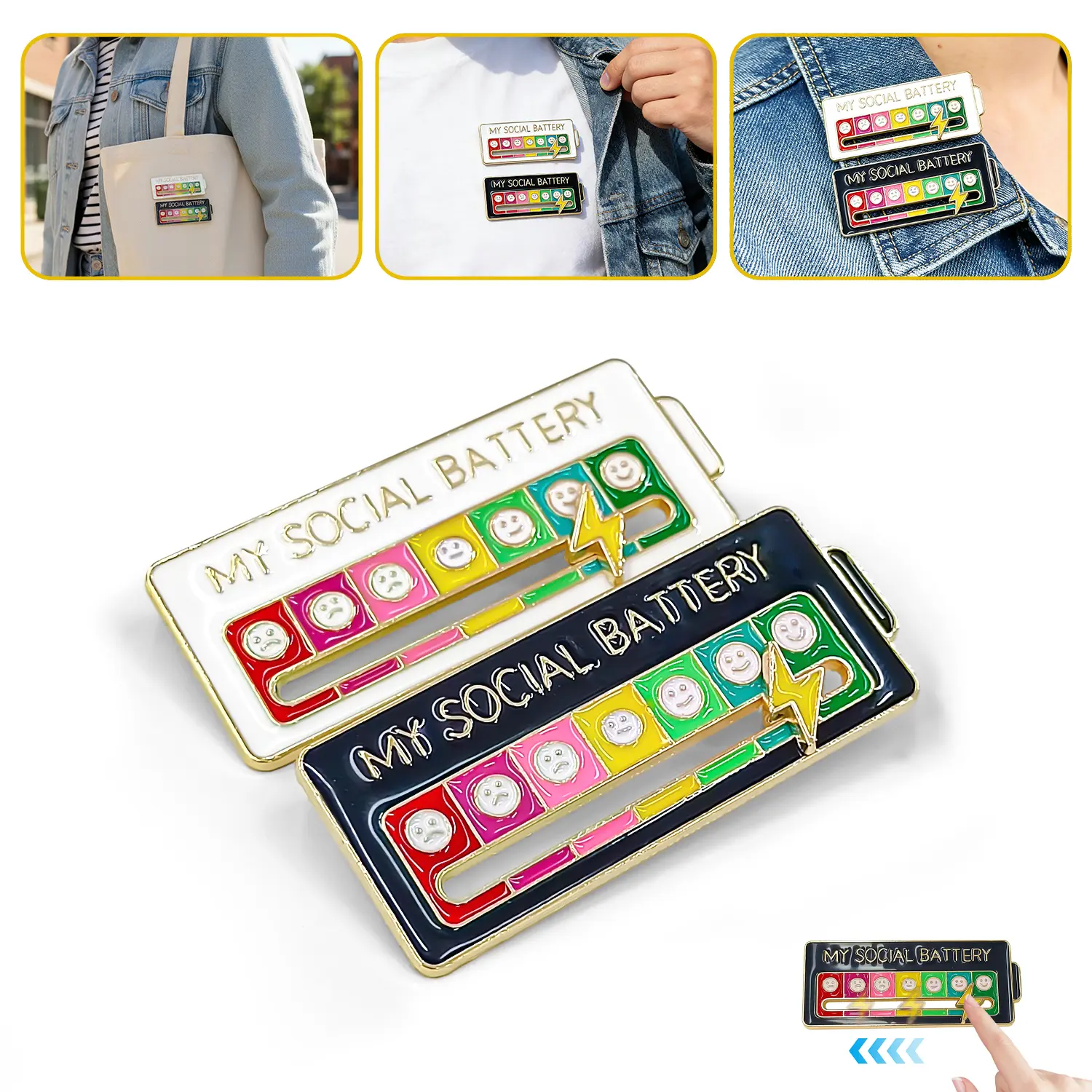 2 Pack Social Battery Slider Pin - Interactive Mood Pin for Introverts, Funny Social Battery Creative Badge for Jackets & Backpacks - Novelty Accessories & Cute Gifts for Friends, Her, Back to School Gifts