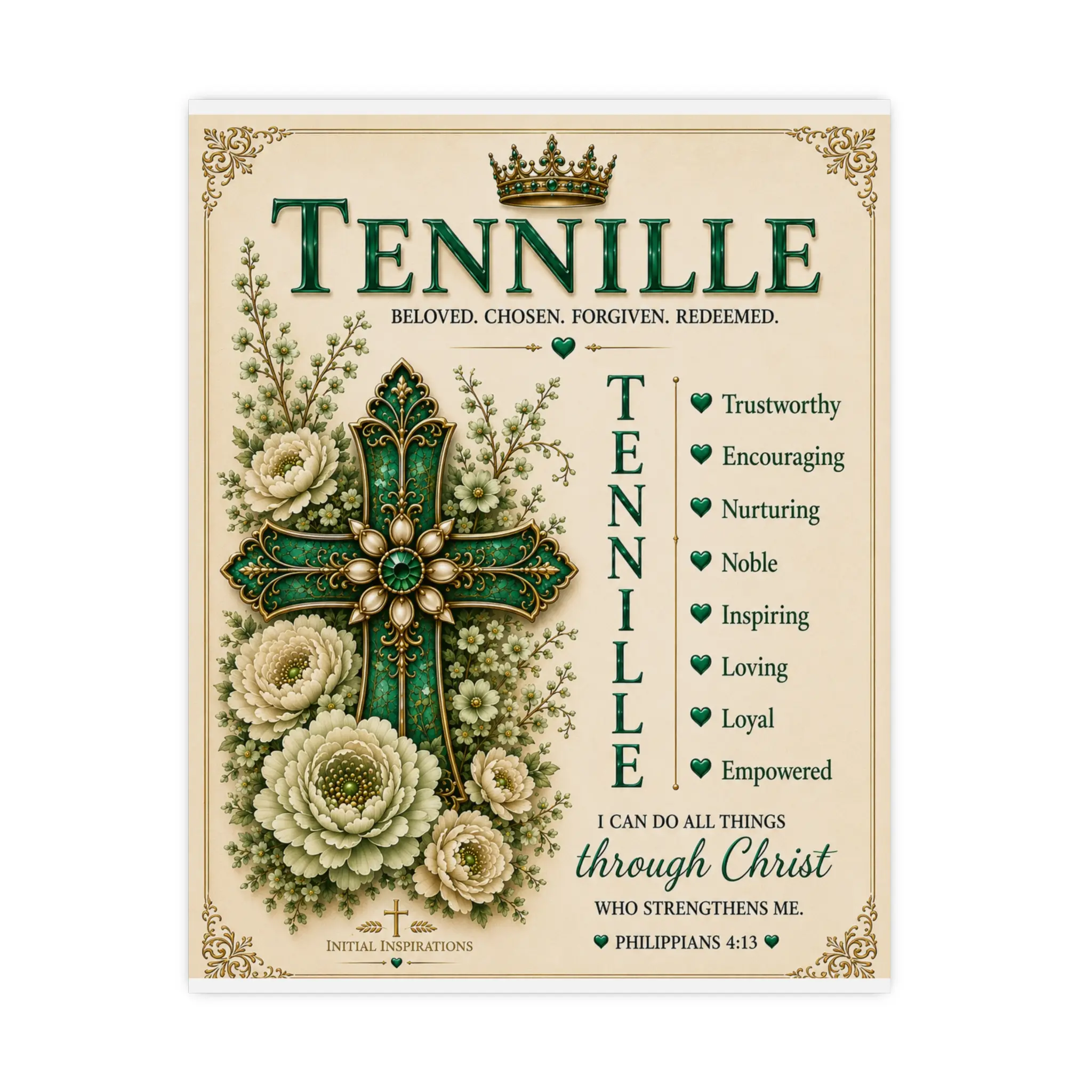 Custom Christian Name Poster | Personalized Floral Cross Print | Gift for Her