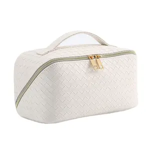 Makeup Bag White PU Leather Travel Cosmetic Organizer for Daily Use with Large Capacity & Smooth Double Zippers