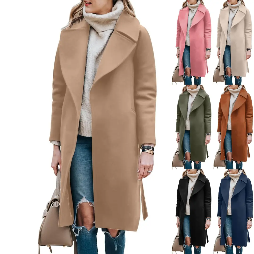 Imily Bela Women's Long Wool Blend Pea Coat Winter Casual Overcoat Notched Lapel Collar Trench Coat Belted Long Jacket Outerwear