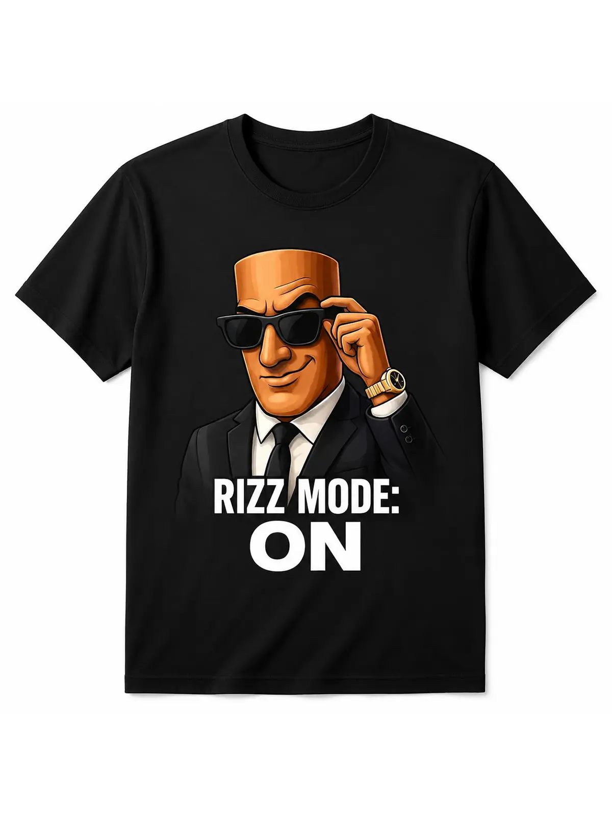 Premium Soft Cotton Unisex Rizz Mode On Cartoon Suit Guy Crew Neck Graphic Print T-Shirt Summer Wins Birthday Gift Casual Summer Daily Tee DealsForYouDays FathersDayGift summerwins Black Shortsleeve