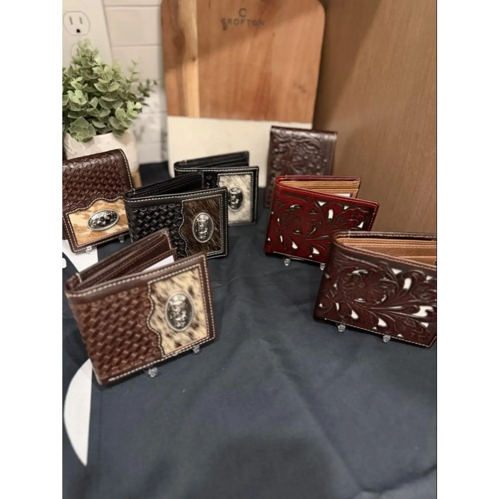Grotto Brand Leather Bifold Wallets with Floral and Geometric Patterns in Brown and Black Colors