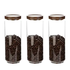 Glass Storage Jars with Wooden Lid Set of 3, 44 OZ High Borosilicate Glass Containers Kitchen Food Canisters s for Coffee Beans/Sugar/Noodles/Nuts/Cookies/Pasta