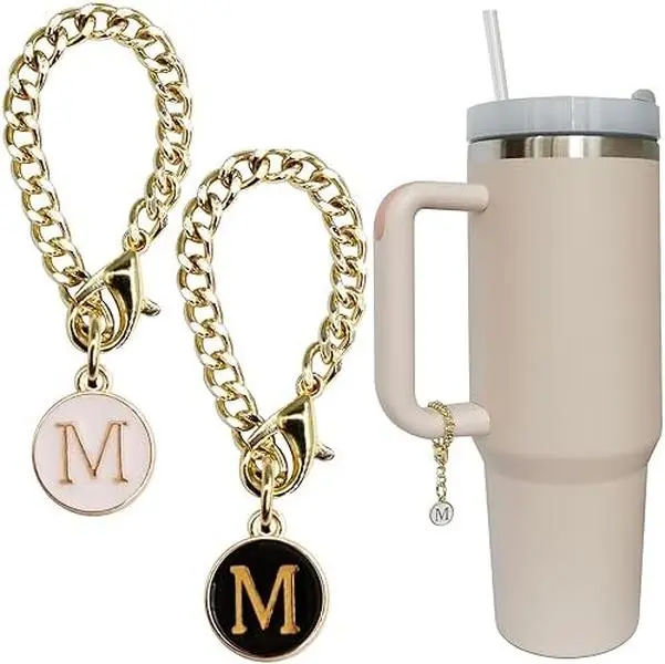 Letter Charm Accessories for Stanley Cup 2PCS Initial Name ID Personalized Handle Charm for Stanley Tumbler Gold Chain & Enamel Charm