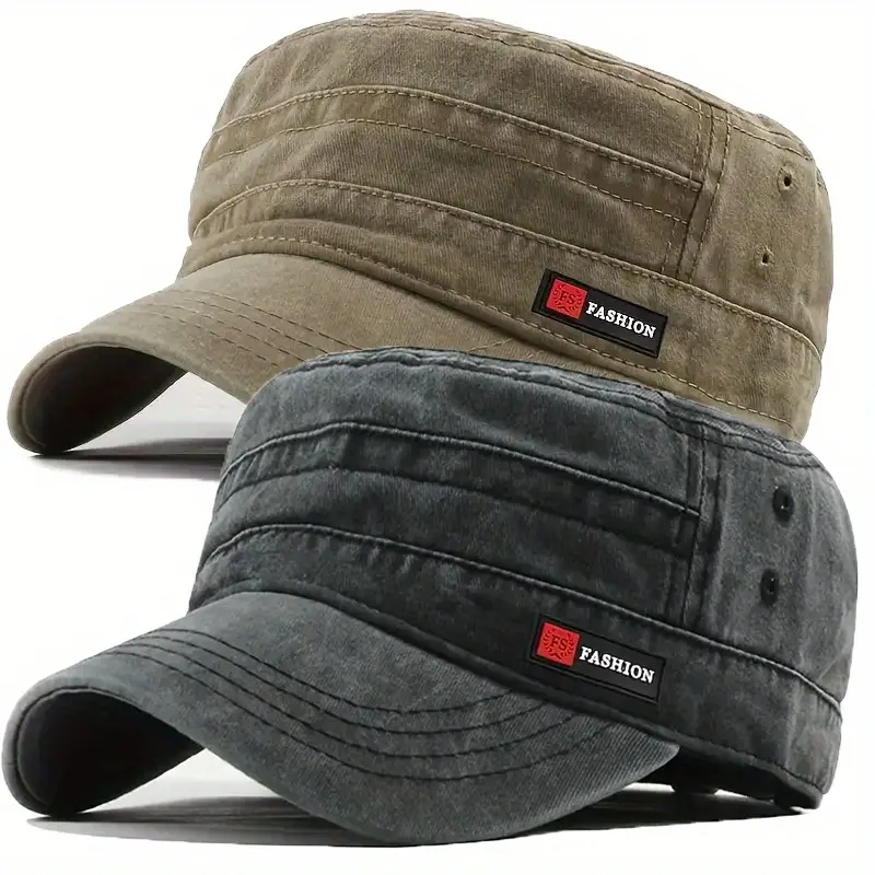 2-Pack Retro Flat Top Mens Hats, Washed Tile Military Style, Adjustable & Lightweight for Hiking, American Retro Sports & Outdoor Hats, Hiking / Light Outdoor