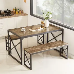 VECELO Dining Table Set for 4, Kitchen Table Set with 2 Benches, Dining Room Table Set with Metal Frame & MDF Board, Space-Saving Dinette for Kitchen, Dining Room