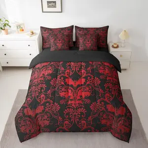 Feelyou 7-Piece Gothic Damask Bedding Set, Red Black Victorian Floral Goth Bed-in-a-Bag with Comforter and Sheets, Halloween Bat Queen Bedding Set, Bedding Sets, Queen Bedding Sets