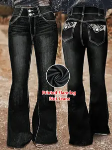 Women's Denim Print Flare Pants, Fashionable Long Jeans for Women, Casual High Waist Wide Leg Trousers, Stylish Ladies' Clothing, Fitted, Bottom