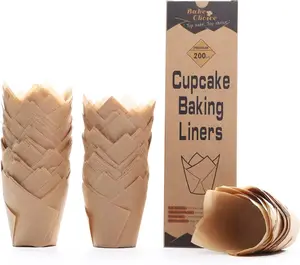 200PCS Tulip Cupcake Liners for Baking, Unbleached European Parchment Paper Muffin Wrappers, Heat-Resistant, Greaseproof, Disposable for Parties & Holidays