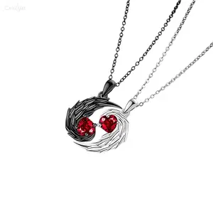 Matching Angel & Devil Wing Couple Necklaces, Black & Silver Pendant Set with Red Heart Crystal, Romantic Jewelry for Couples