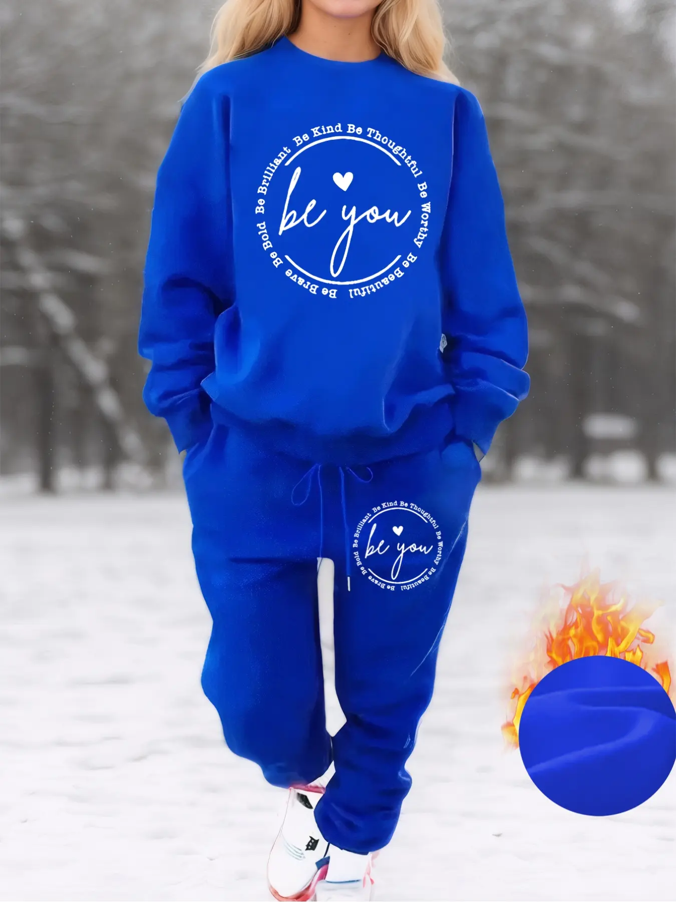 Women's Plus Size Fall Winter Fleece Sweatshirt Set, Be You Letter Print Casual Streetwear Long Sleeve Round Neck Top & Drawstring Pants