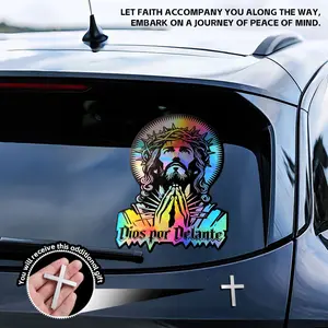 Large size car holographic sticker with metal cross emblem, for devout prayer and faith in Jesus. Car accessories, car decoration, made of vinyl material, suitable for car windows and bumper decoration. A cool and meaningful Christian car accessory.