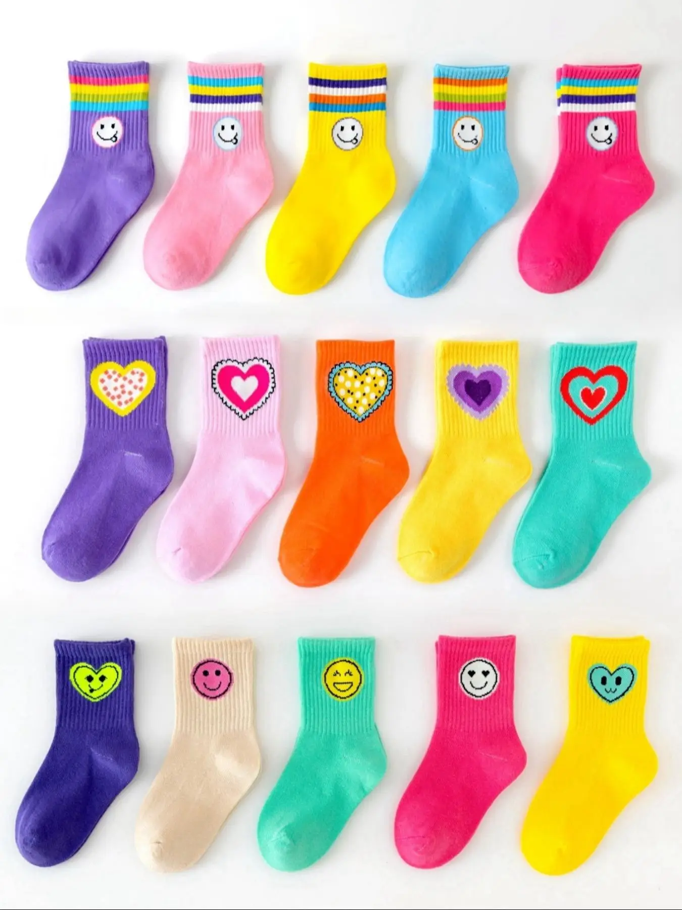 Girl's Colorblock & Heart Print Cute Expression Print Crew Socks, Soft Comfy Breathable Socks for Daily Wear, Kids Socks for All Seasons