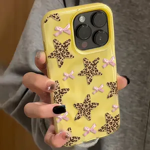 TPU Protective Smartphone Cover - Stylish Leopard Star, Pink Bow Casing for iPhone 17/16/15/14/13/12/11, Ideal Holiday Gift Accessories