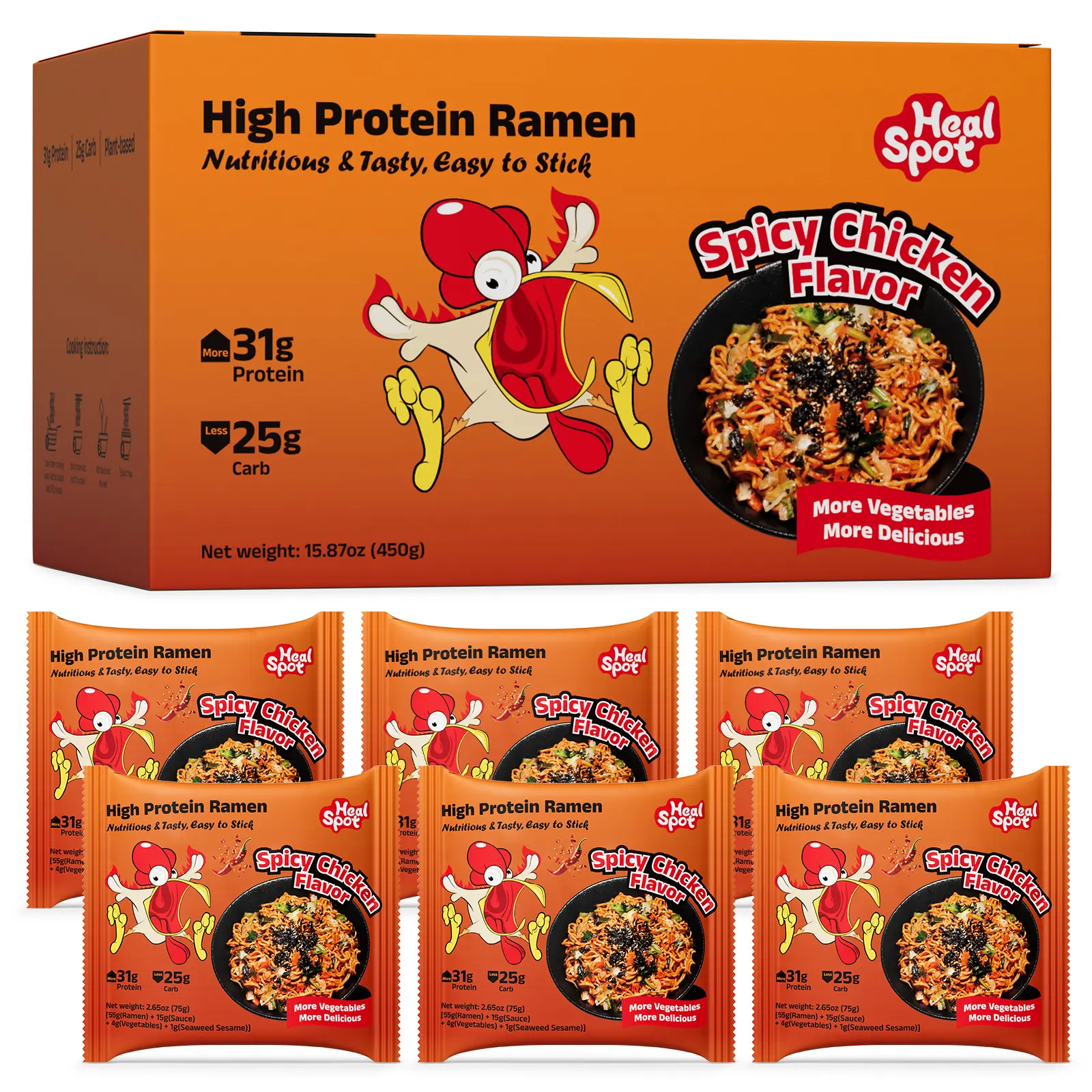 Healspot Upgraded High Protein Dry Ramen, 31g Plant-Based Protein, Non-Fried, Low Fat, Low Carb, Non-GMO, Spicy Chicken, Hot Pot or Sesame Sauce
