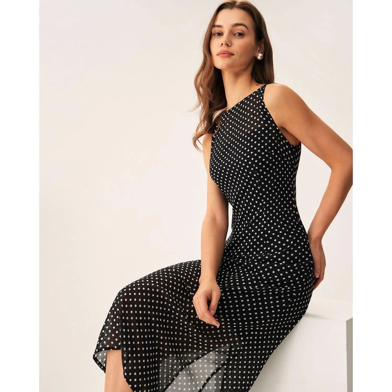 Rihoas Women's Black Polka Dot Boat Neck Sleeveless Waisted Polyester Spandex Body Fit Dark Strap Free Waist Casual Midi Dress with Zipper, Polka Dot Dress, Body Fit Casual Dresses