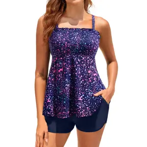Yonique Flowy Tankini with Shorts - Tummy Control Two Piece Swimsuit with Pockets Smocked Bandeau Bathing Suit 2026 Swimwear