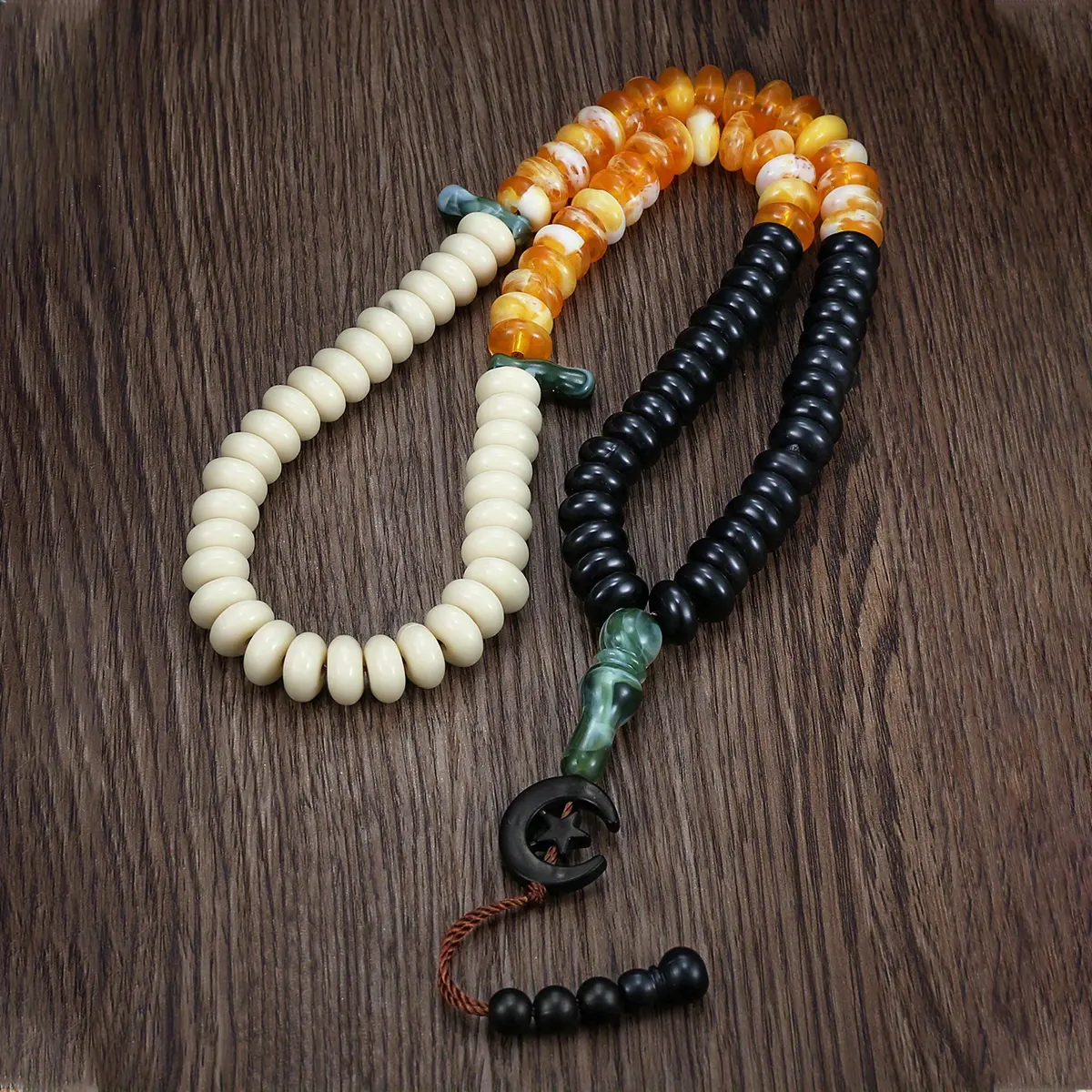 Unisex Islamic 99-Bead Acrylic Prayer Bracelet, Handmade Knotted Tri-Color Flat Round Beads, Star-and-Moon Tassels, Muslim Ramadan Gift, Worship Supplies, Acrylic Beads