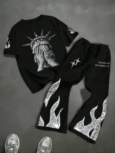 Men's Letter Graphic Tee & Sweatpants Set, Cross Print Streetwear, Casual Fitted Top & Pants for Fall Winter Season
