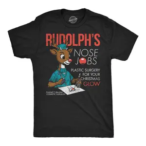 Mens Funny T Shirts Rudolphs Nose Jobs Sarcastic Christmas Graphic Novelty Tee For Men Mens Funny T Shirts Cool Vintage Fashion T-Shirt Gift Classic Menswear Christmas Apparel for Men Novelty Tees for Guys Black -