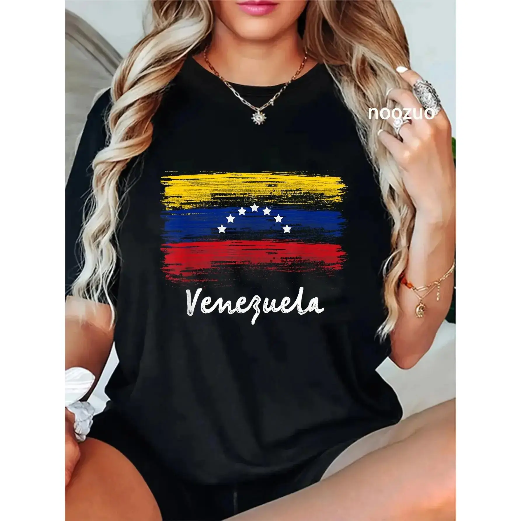 Women's Venezuela 7-Stars Cotton T-Shirt - Soft Breathable Fabric, Relaxed Flattering Fit, Short Sleeve Crew Neck, Viva Venezuela Graphic, Casual Wear Tops Basics