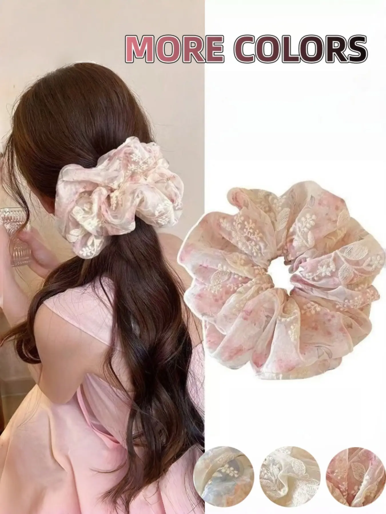 3-Pack Embroidered Floral Hair Ties Scrunchies, Ponytail Accessories, Soft Gradient Fabric, 3D Flower Stitching, High Elasticity, Comfortable for Daily Use