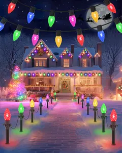 2-in-1 Solar C9 LED Christmas Lights 50FT 25 LEDs with Ground Stakes & Hanging Design IP65 Waterproof 8 Lighting Modes for Outdoor Decor