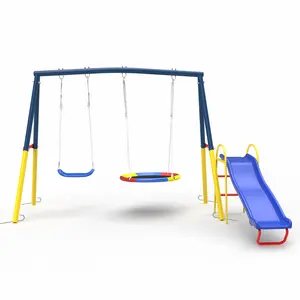 MERSCO 3 In 1 Metal Kids Swing Set With Slide,Saucer Swing ,SWING Seat,Heavy Duty Outdoor A-Frame Metal Swqing Stand For Playground,Holiday bundle packs