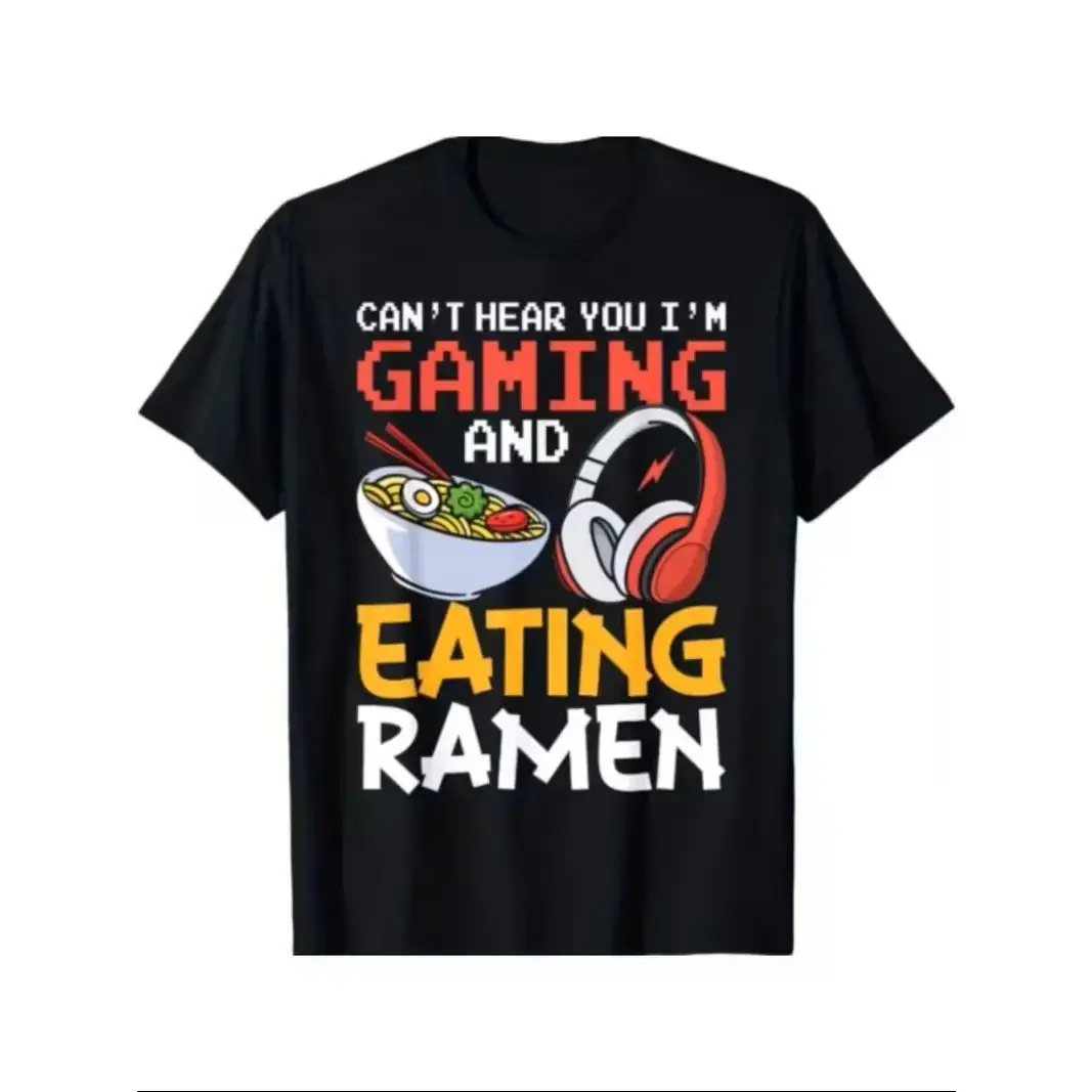 Men's Funny Gamer Ramen Print Top, Casual Shortsleeve Streetwear in Soft Breathable Fabric, Relaxed Fit Round Neck, Cotton, Menswear, Prints