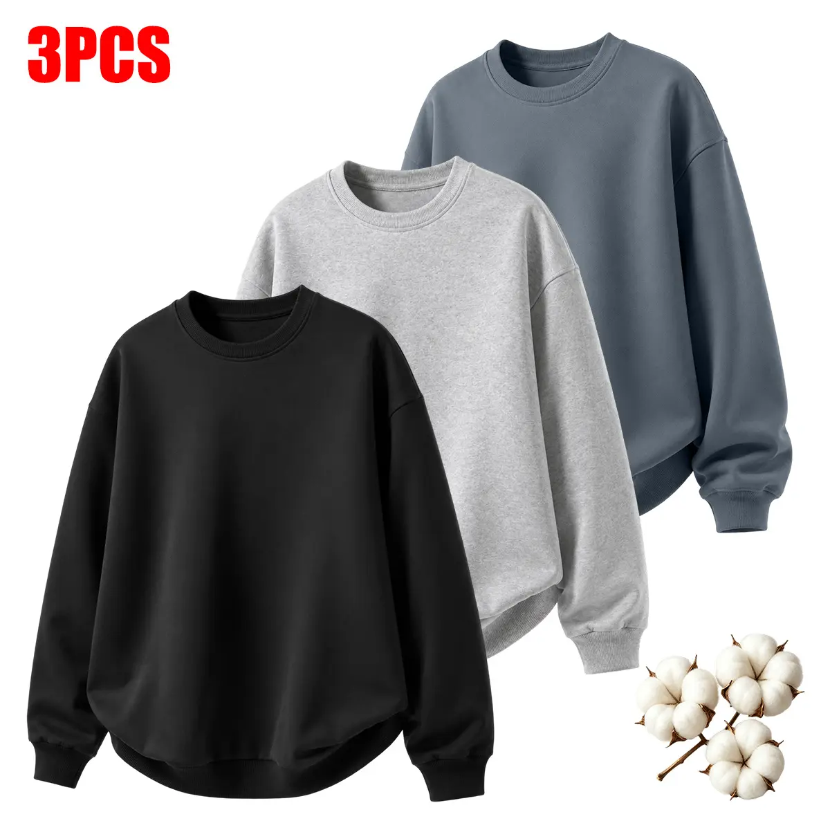 Men’s 3-Pack Thick Warm Brushed Fleece-Lined Crewneck Sweatshirts - Menswear Casual Long Sleeve Round Neck Clothes, 50% Cotton-Polyester Blend, Oversized Plain Pullovers, Soft Cozy Basic Tops for Everyday Wear, Autumn-Winter Outfits