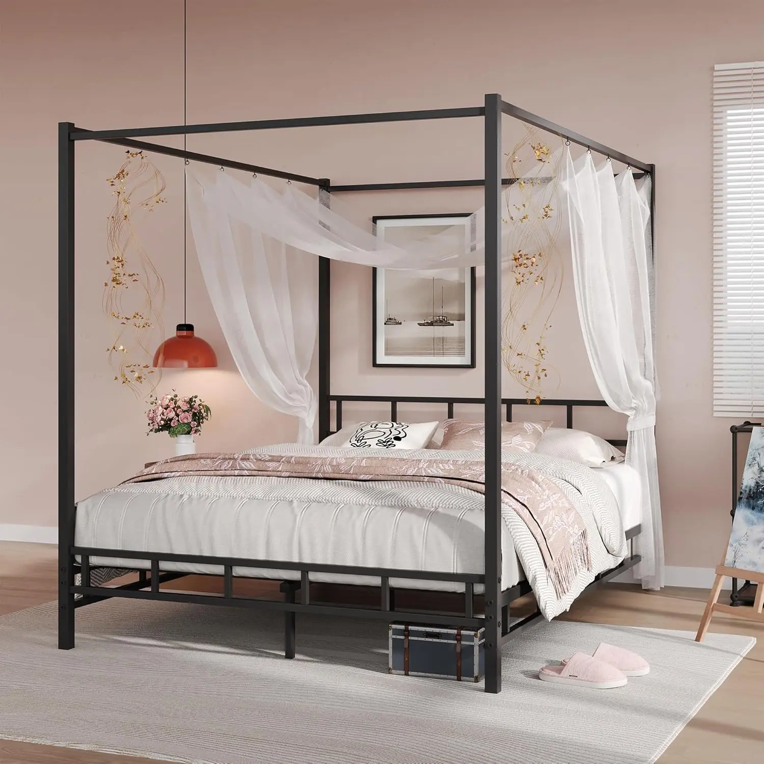 [Summerwins] HOMBCK Canopy Bed Frame Full with Headboard and Footboard, Mattress Foundation Platform with Metal Slats Support, No Box Spring Needed, Easy Assembly #summer garden,fathers day gift ideas
