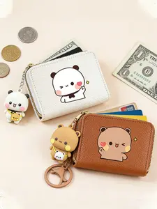 Kawaii 1pc bubu and yier PANDA Short Coin Purse with Card Slots Double Zipper Wallet And Charm Credit Card Holder Coin Bag for Women Girl birthday gift