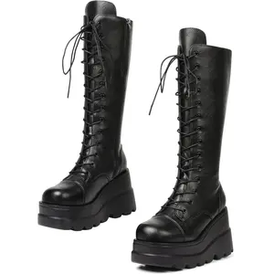 Womens High Platform Mid Calf Wedges Chunky High Heel Round-Toe Side Zip Punk Combat Boots For Women