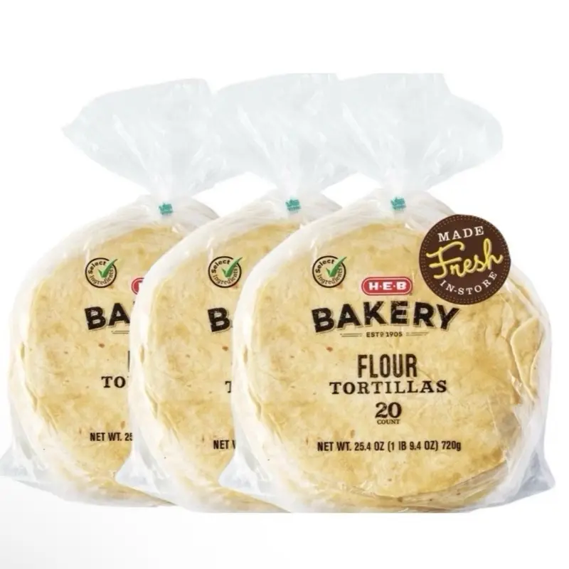 H-E-B Bakery Flour Tortillas 3 Pack 20 Count Each Bag Made Fresh In-Store Ideal for Tacos and Burritos Baking Snack